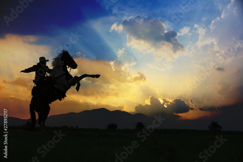 Silhouette Cowboy on his horse riding on two legs © naraichal