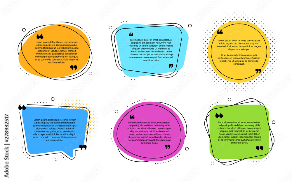 Texting boxes template. Quote text design info boxes. Quotation chat bubbles. Post citation with quotes. Speech citation balloons. Comment bubble template. Vector badges set