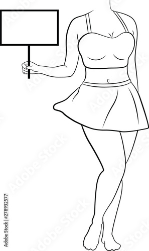 Vector illustration of a standing girl in short skirt and top holding an empty sign board in hand.