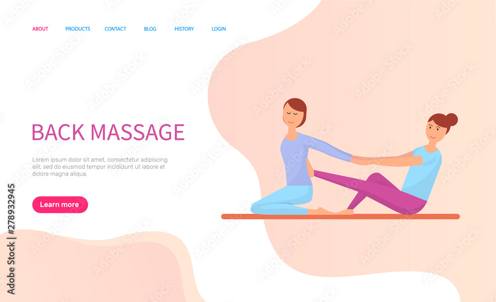Back massage special technique info on website vector. Woman rubbing body of client, working masseuse specialist health treatment massaging salon Back massage special technique info on website vector. Woman rubbing body of client, working masseuse specialist health treatment massaging salon
