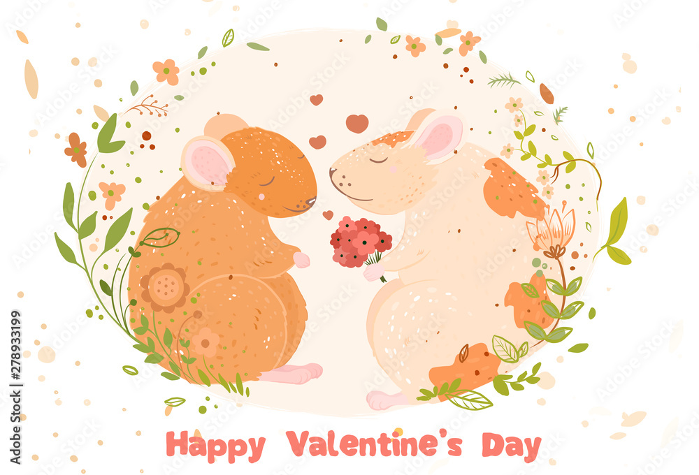 Rats in love Postcard with Valentine's Day. date. bouquet of flowers.