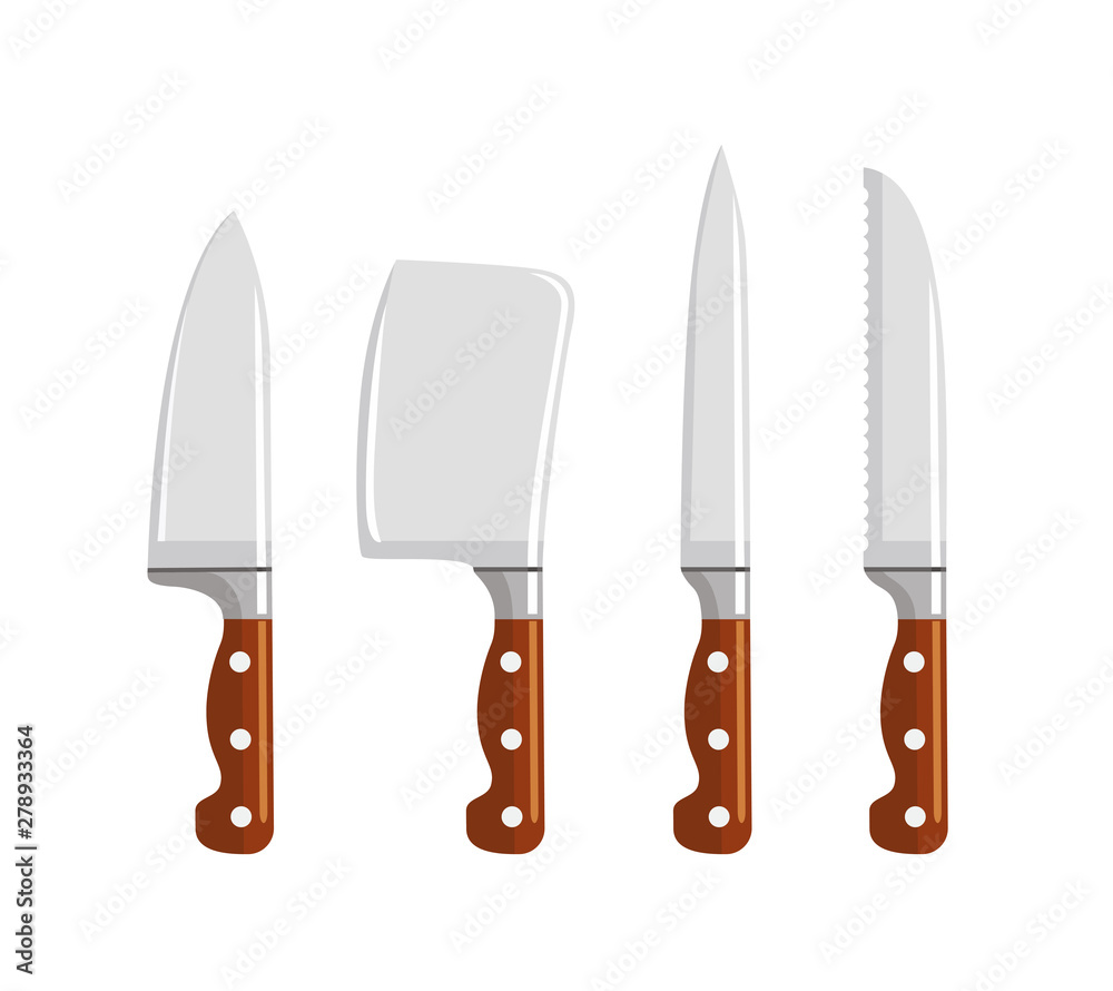 Knife set with wooden handle isolated on white background. Vector illustration of cutlery in cartoon simple flat style. Kitchenware icon. Knife set with wooden handle isolated on white background. Vector illustration of cutlery in cartoon simple flat style. Kitchenware icon.
