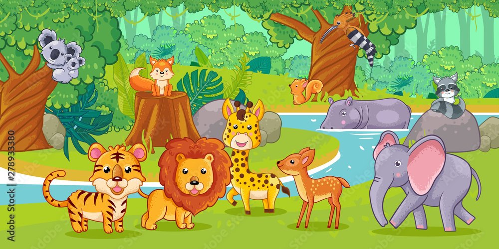 Cute Cartoon Animals In The Jungle. Set Of Animals. Stock Vector 