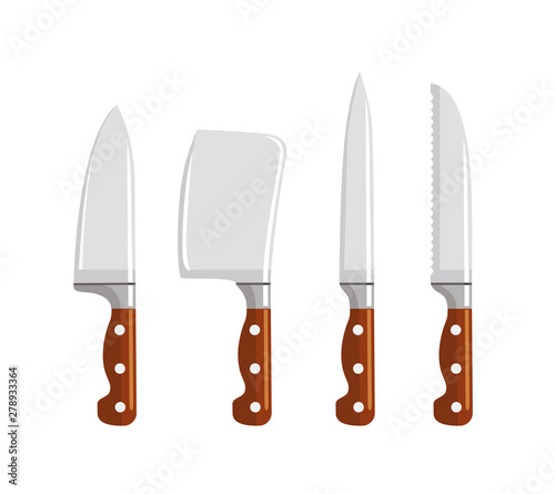 Knife set with wooden handle isolated on white background. Vector illustration of cutlery  in cartoon simple flat style. Kitchenware icon.