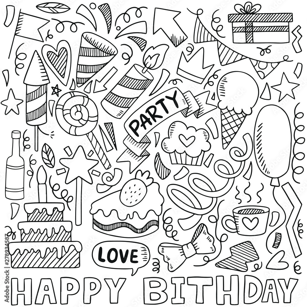 hand drawn party doodle happy birthday Ornaments background pattern ...