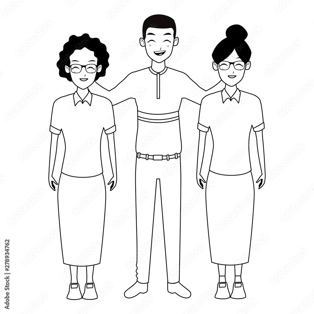 Family two grandmothers with adultt grandson in black and white Family two grandmothers with adultt grandson in black and white