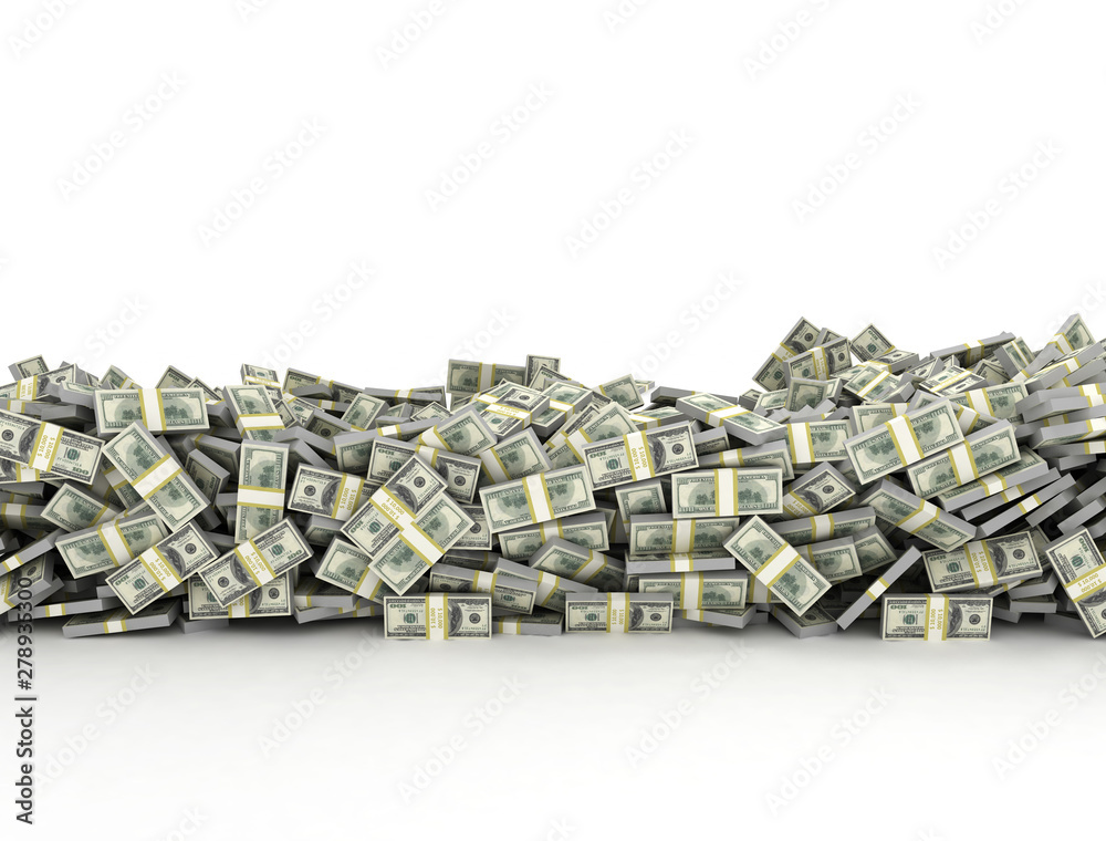 Tall pile of us currency - US dollars isolated stacked on white background. - obrazy, fototapety, plakaty 