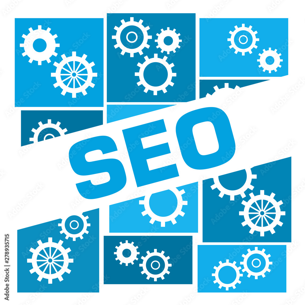 SEO - Search Engine Optimization Blue Gears Grid Badge Style 