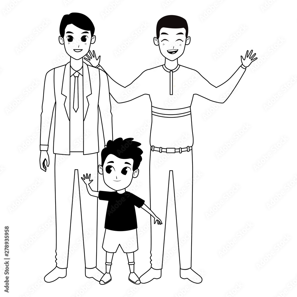 Family parents and childrens cartoons in black and white