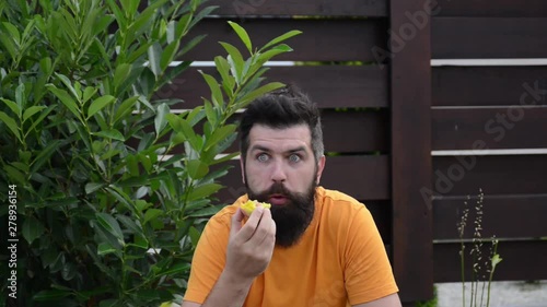 Bearded man eating peach outdoors. Happy man is smiling and resting at backyard. Bearded guy enjoying fruits from garden. Vegetarian and healthy lifestyle concept. photo