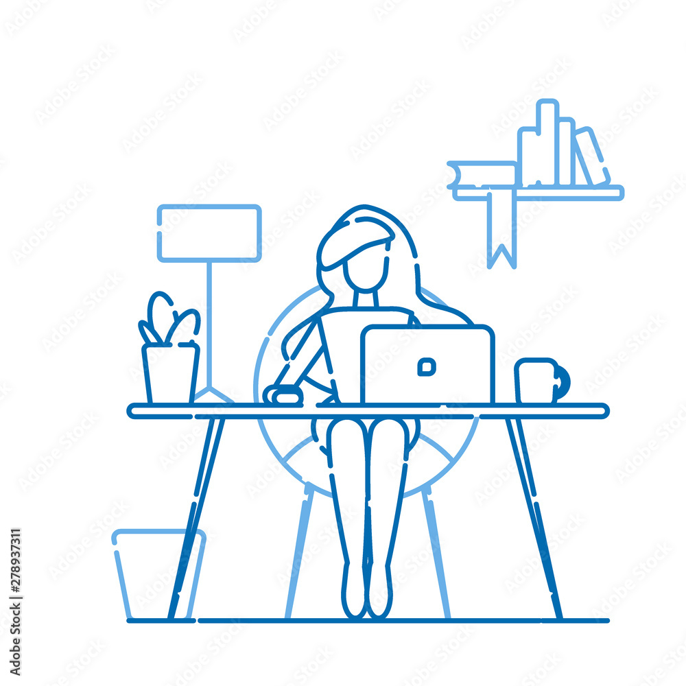 Office workplace. The girl sits at the table. On the table is a laptop, lamp, cup, cactus. Vector illustration with blue line. Cold gamma.