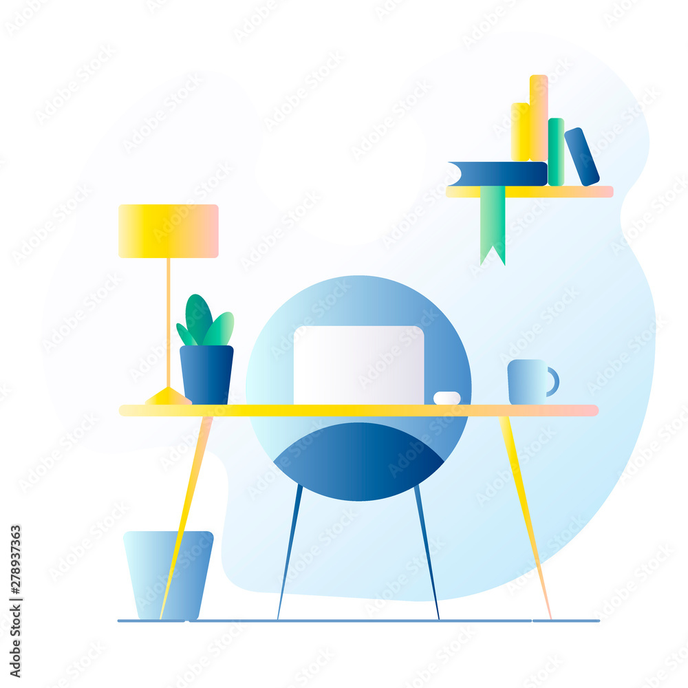Office workplace. On the table is a laptop, lamp, cup, cactus. Vector illustration with gradient fill. Cold gamma. Office workplace. On the table is a laptop, lamp, cup, cactus. Vector illustration with gradient fill. Cold gamma.