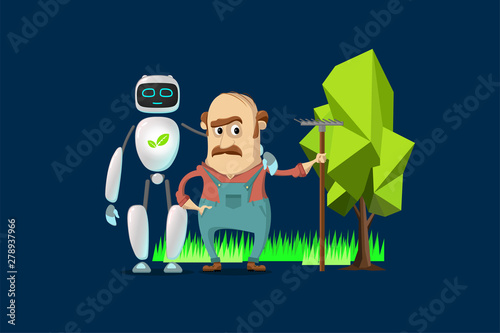 RPA robot. Android helps care of nature. Nature protection, artificial intelligence, robatized work, Care of cleanliness Robotic technologies for protect nature and  planet