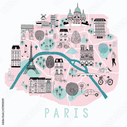 Photo Cartoon Map of Paris with Legend Icons. Print Design
