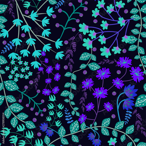 Floral seamless pattern. Bright alien flowers, leaves, berries, vines with the effect of neon, fluorescent glow on a dark background. Vector illustration in the style of hand-drawn. 