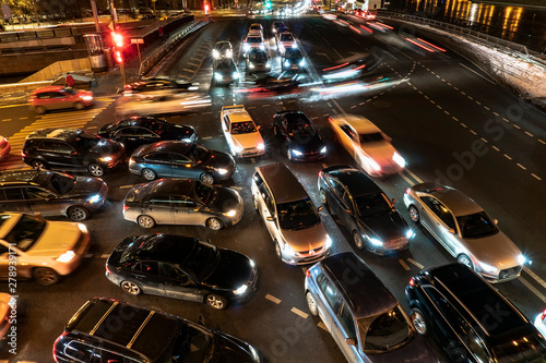night traffic jam on the crossroad