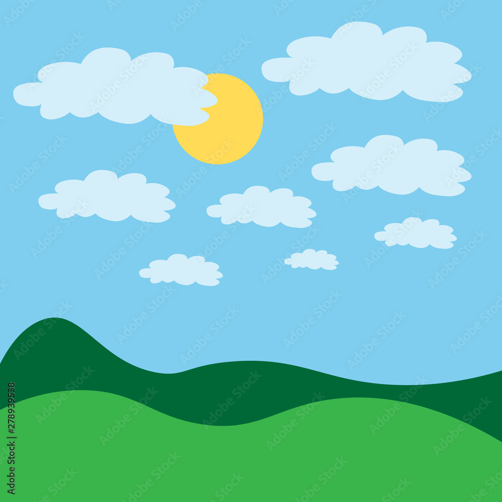 Vector illustration. Green landscape with blue sky sun and clouds. clouds pattern