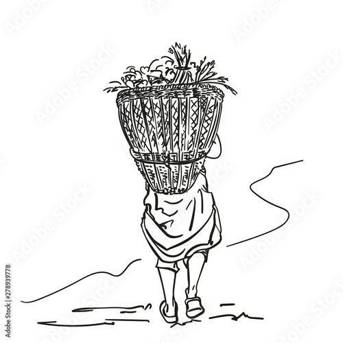 Nepalese woman carries basket on her head in traditional way, View from back, Hand drawn illustration