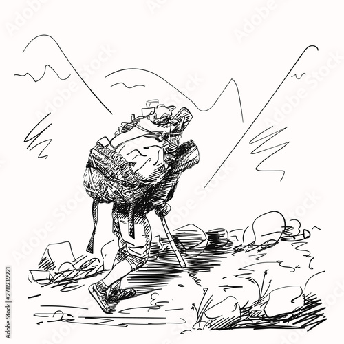 Sketch of porter carrying heavy load in basket up Himalaya mountains, Nepal, Hand drawn vector illustration with hatched shades