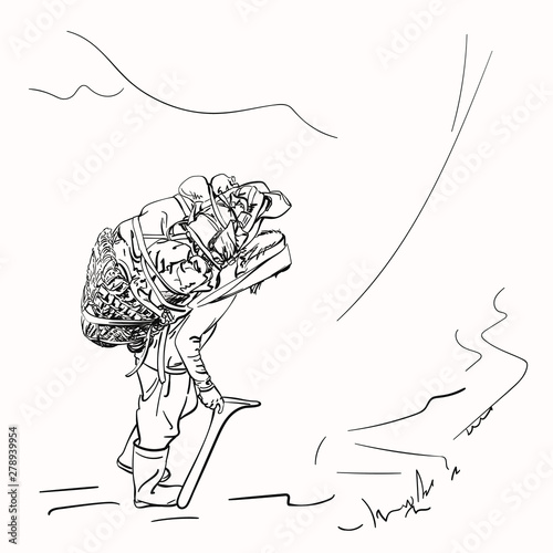 Sketch of porter carrying heavy load in basket up Himalaya mountains, Nepal, Hand drawn vector linear illustration