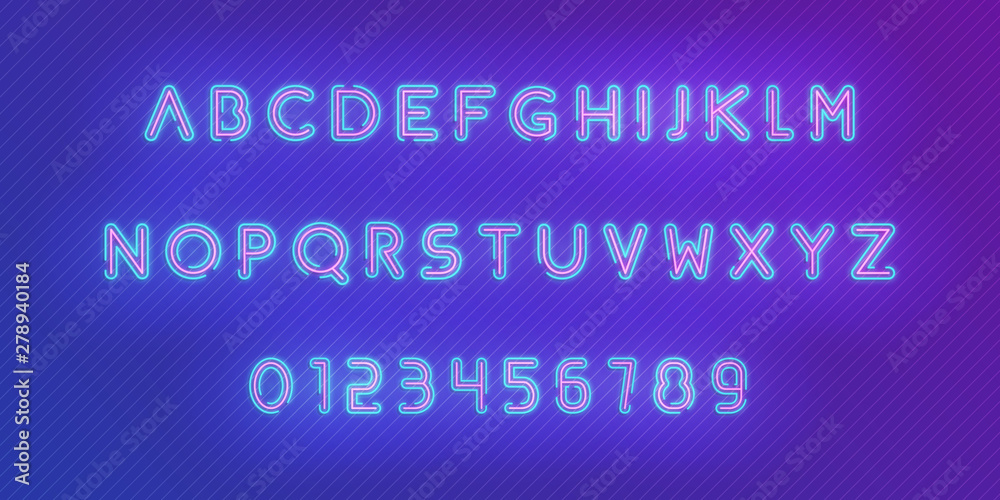 Plakat Neon alphabet font. Glowing neon colored 3d modern alphabet and numbers characters typeface