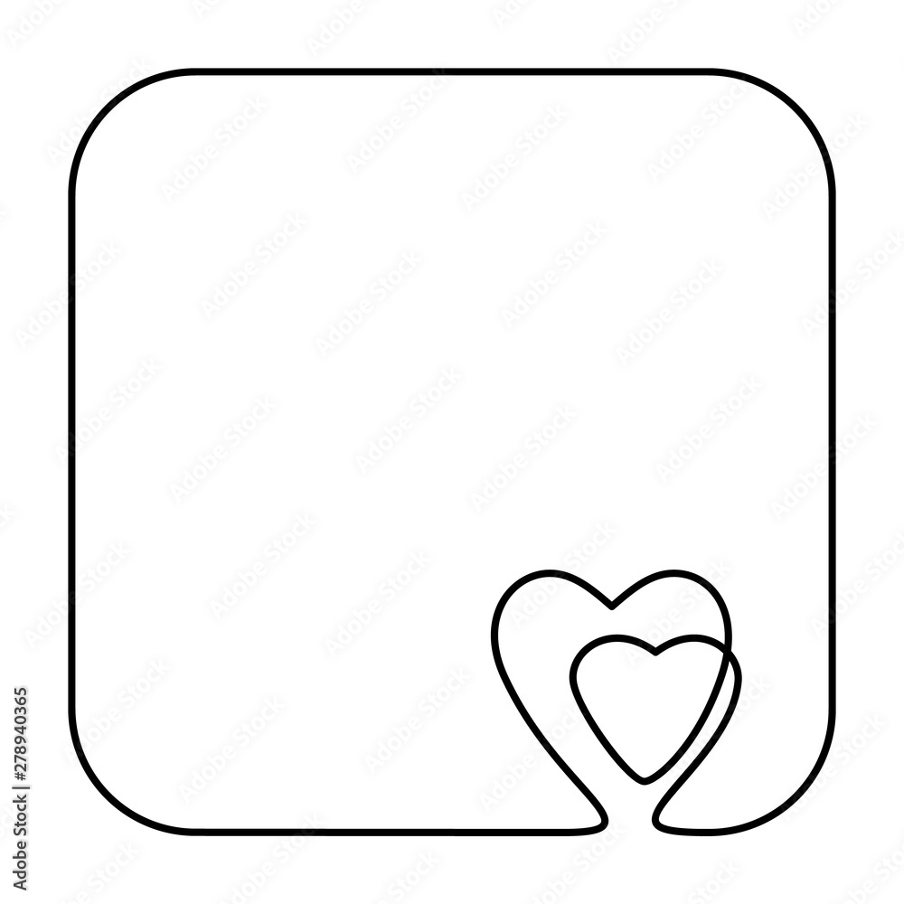 Continuous line drawing two hearts in square frame with round corners, Black and white vector minimalist illustration of love concept Continuous line drawing two hearts in square frame with round corners, Black and white vector minimalist illustration of love concept