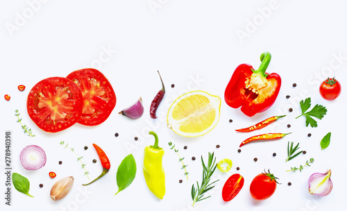 Fototapeta Naklejka Na Ścianę i Meble -  Various fresh vegetables and herbs on over white background. Healthy eating concept