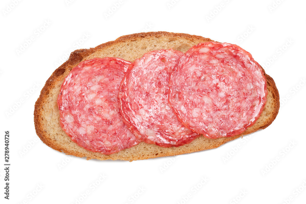 Sandwich with sausage, rye bread on white. Flat lay. Food concept. Sandwich with sausage, rye bread on white. Flat lay. Food concept.