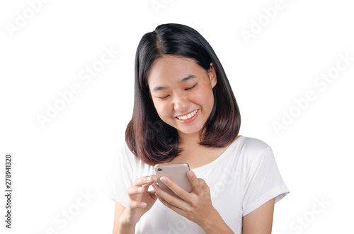 20s an Asian young woman checking mobile phone with white background