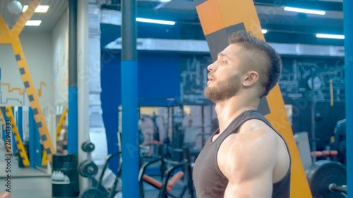 Bodybuilder doing dumbbell exercises. Athlete in the gym.