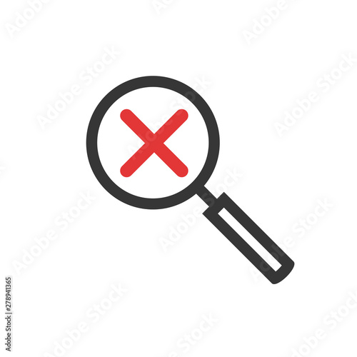 Magnifier with red cross vector icon line outline art, magnifying glass with dismiss sign isolated clipart