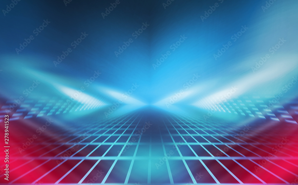 Empty background scene. Dark reflection of the street on the wet asphalt. Rays of blue and red neon light in the dark, neon figures, smoke. Background of empty stage show. Abstract dark background.