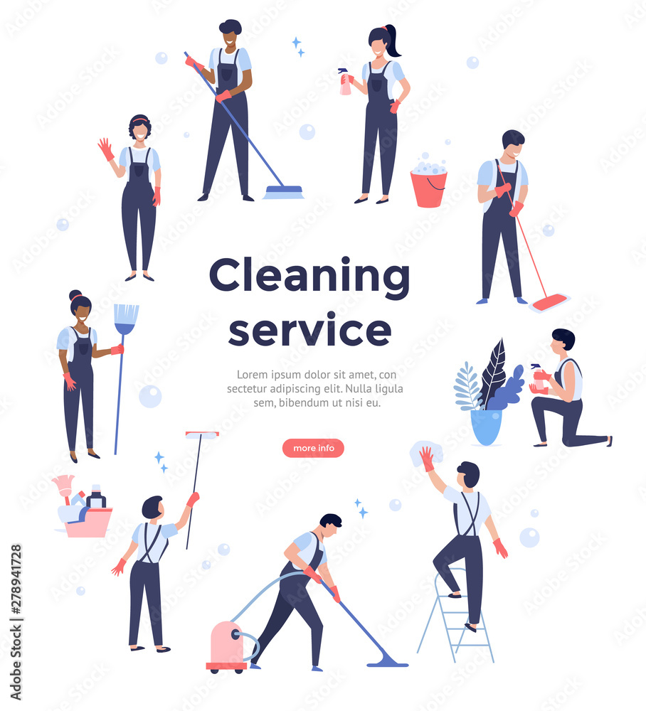Cleaning service team working, concept illustration with professionals, web page design template, vector banner Cleaning service team working, concept illustration with professionals, web page design template, vector banner