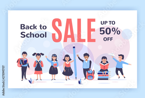 Back to school sale banner with kids. vector illustration , flat design.