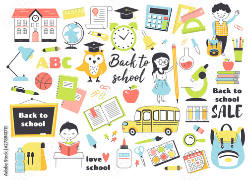 Back to school set  hand drawn elements- stationary  cute cartoon kids  backpack  books and other