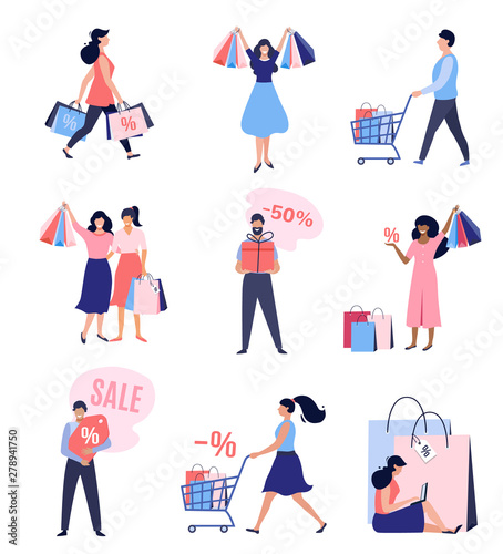 Collection of people with Shopping Bags and Carts. Big sale, up to 50% Discount, Advertising Banner, promo Poster. Vector illustration.