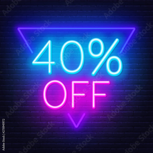 40 percent off neon lettering. Vector illustration