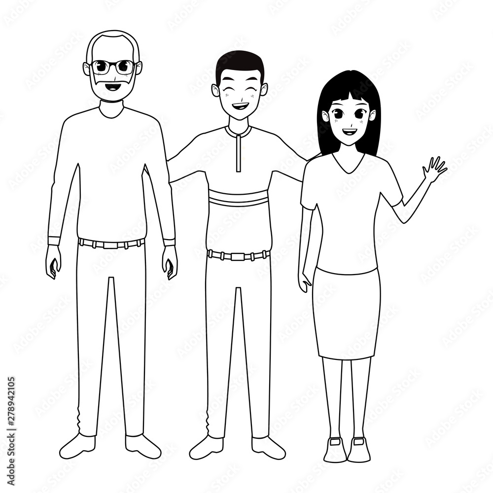 Family old father with adultt son and daughter in black and white Family old father with adultt son and daughter in black and white