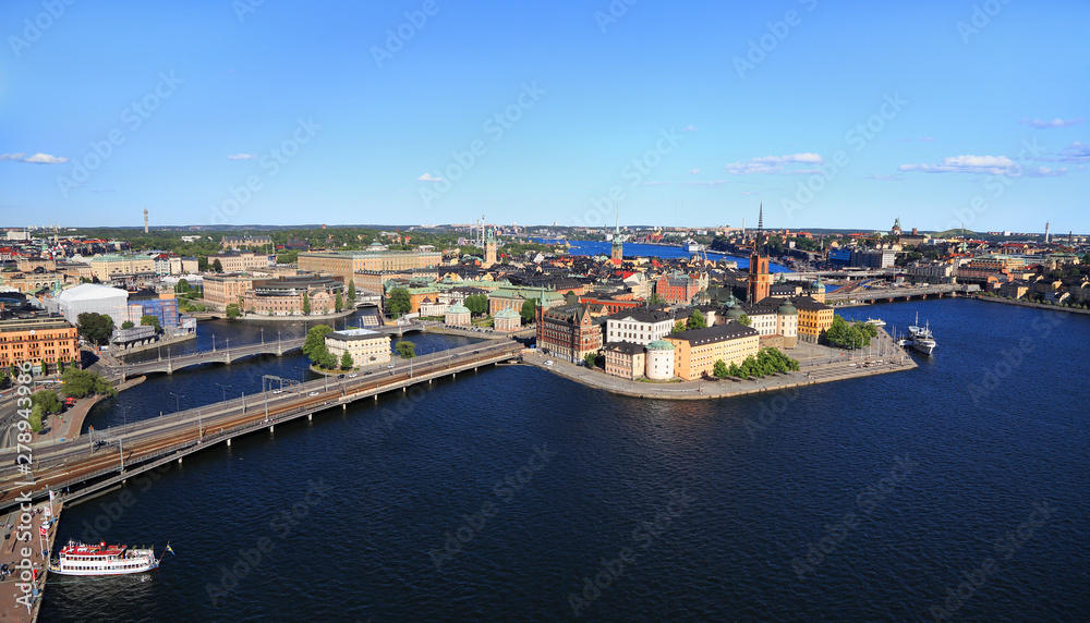 Scenic aerial panoramic view of Stockholm's Old Town (Gamla Stan) and surrounding skyline, Sweden