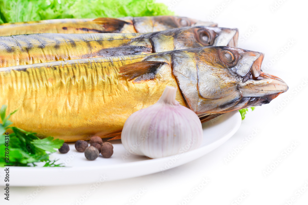 Smoked fish on plate close up mackerel Smoked fish on plate close up mackerel