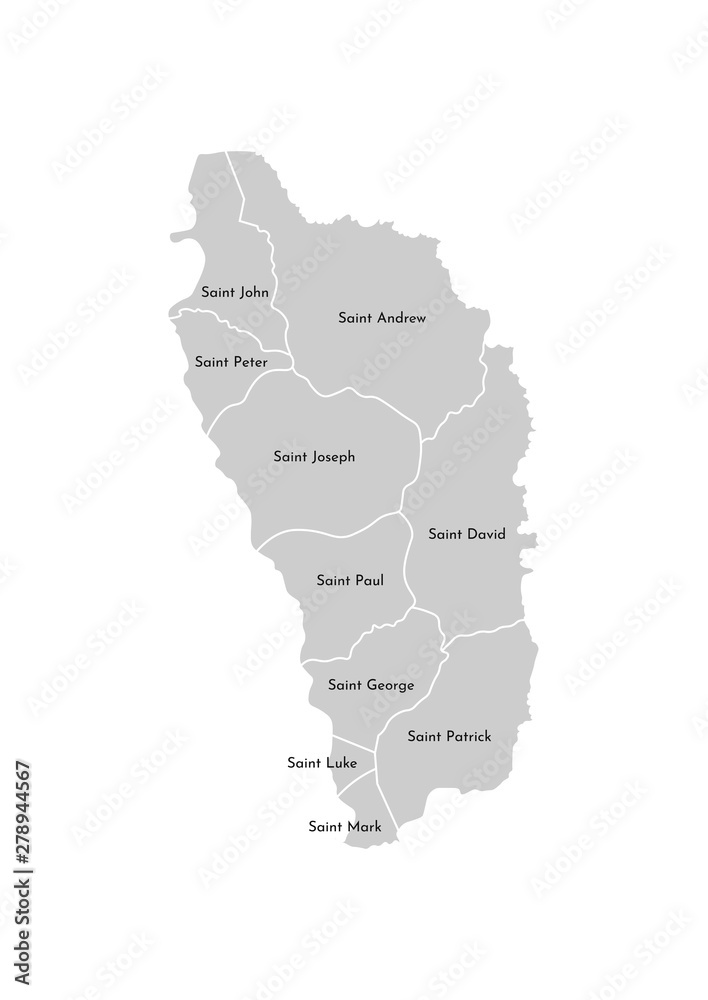Vector isolated illustration of simplified administrative map of Dominica. Borders and names of the parishes (regions). Grey silhouettes. White outline
