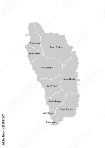 Vector isolated illustration of simplified administrative map of Dominica. Borders and names of the parishes  regions . Grey silhouettes. White outline
