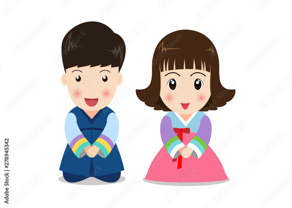 Cute cartoon couple kids in korean traditional costume on white background Cute cartoon couple kids in korean traditional costume on white background