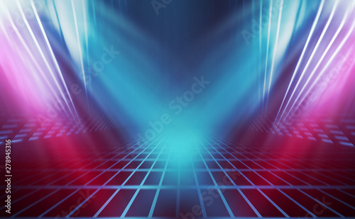 Empty background scene. Dark reflection of the street on the wet asphalt. Rays of blue and red neon light in the dark  neon figures  smoke. Background of empty stage show. Abstract dark background.