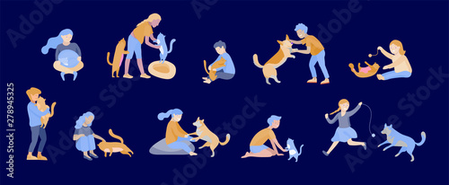 Vector illustration set of children with cats and dog. Happy, funny kids playing, love and taking care of kittens, pet animals in flat cartoon style.