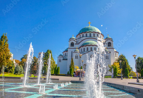 Fountain and Temple of Saint Sava in Belgrade , Serbia 