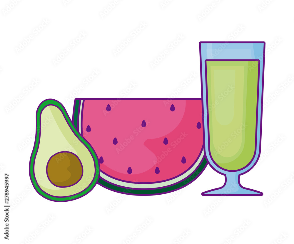 slice watermelon with avocado and juice glass