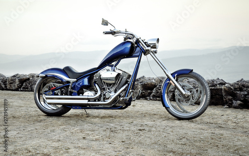 Fototapeta Custom blue motorcycle with a mountain range landscape background