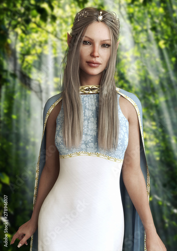 Dekoracja na wymiar  vertical-portrait-of-the-queen-of-the-elves-female-with-an-elegant-dress-and-tiara-with-long-platinum-hair-posing-in-the-enchanted-woods-fantasy-3d-rendering