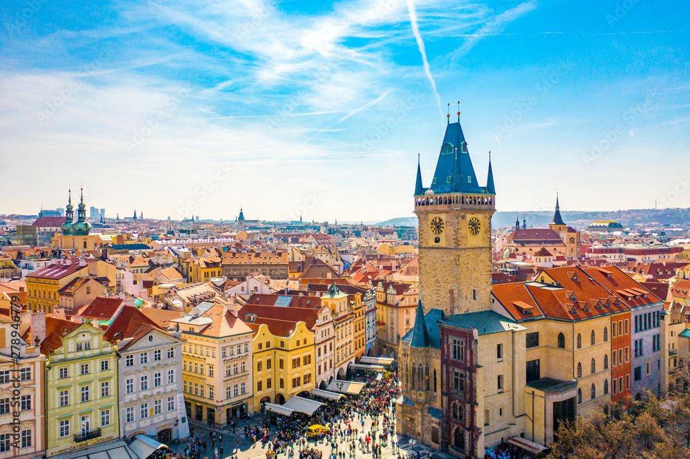 Obraz premium Aerial Panoramic View of Old Town of Prague, Czech Republic, Tyn Church, Clock Tower, Square - Image